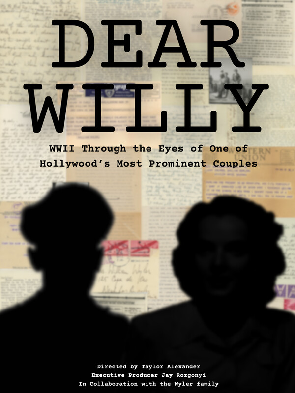 Movie poster for Dear Willy. A silhouette of a man and a woman against a collage of letters.