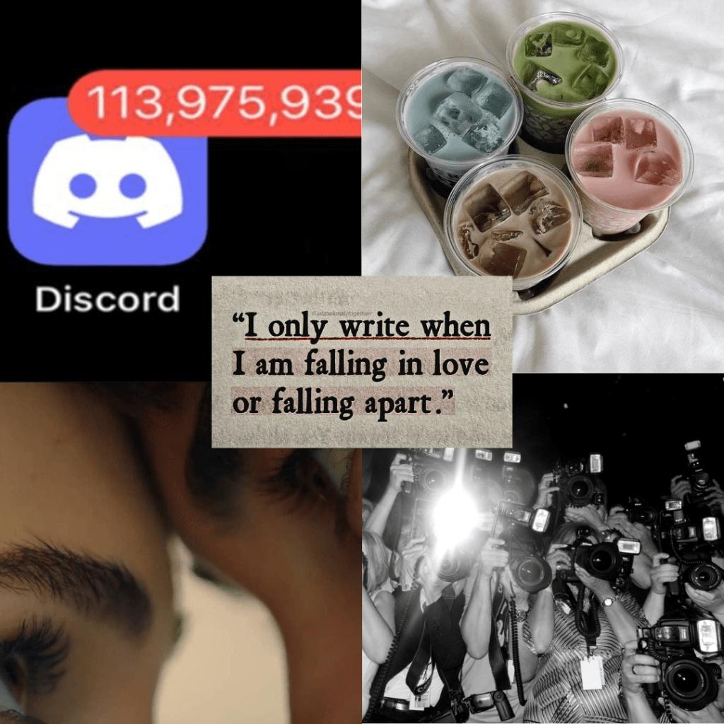 Moodboard of Discord icon, matcha lattes, a boy and girl, and the paparazzi.