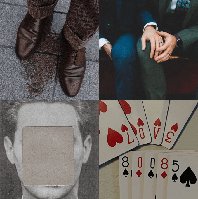 Moodboard of brown shoes, men holding hands, a faceless man, and a hand of cards.