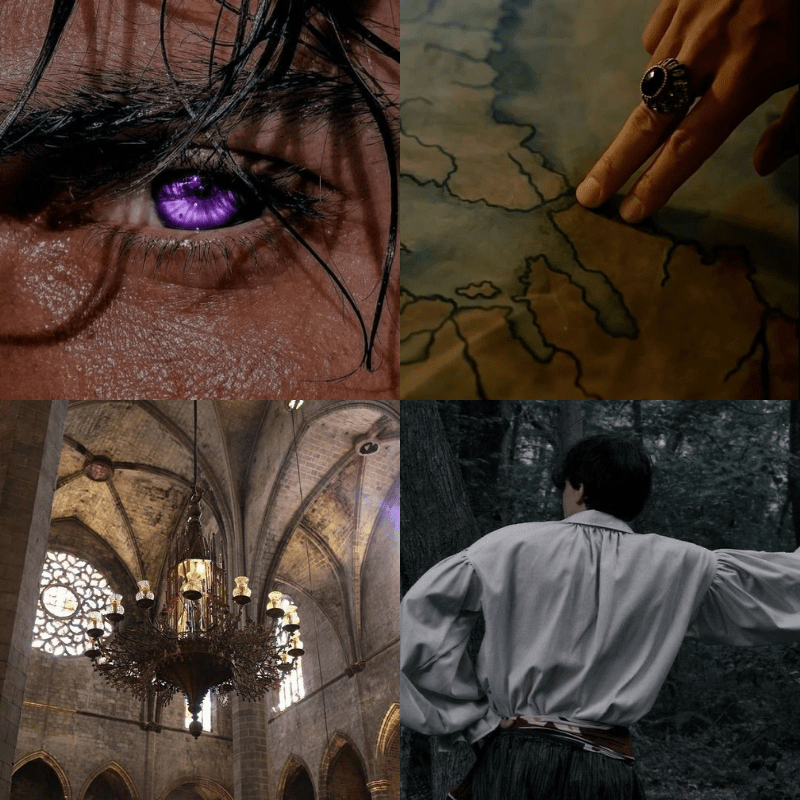 Moodboard of a purple eye, a medieval map, a chandelier, and a poet's shirt.
